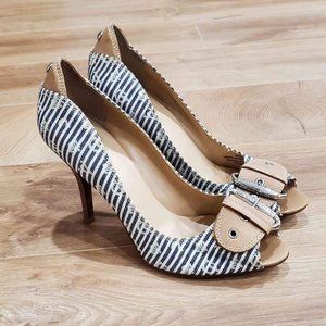 Guess Peep Toe Slip-on Pumps Stilettos Heels Striped Logo - Size 8